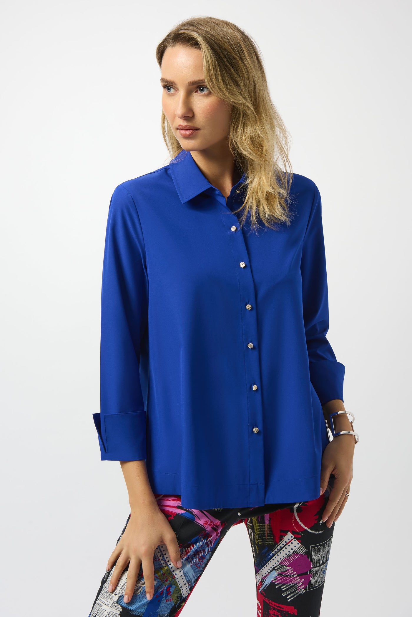 Joseph Ribkoff Sapphire Stretch Poplin Button-Front Boxy Blouse