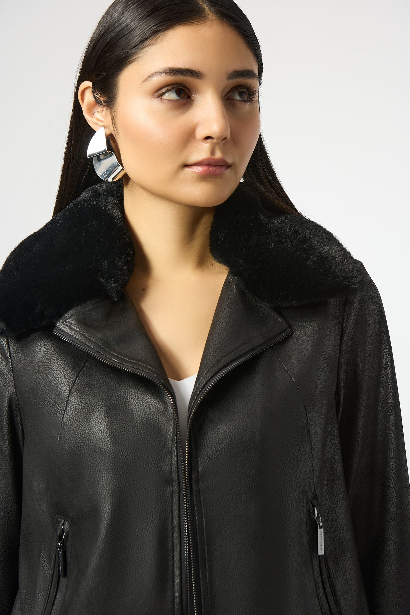 Joseph Ribkoff Black Foiled Suede Swing Jacket with Faux Fur Collar