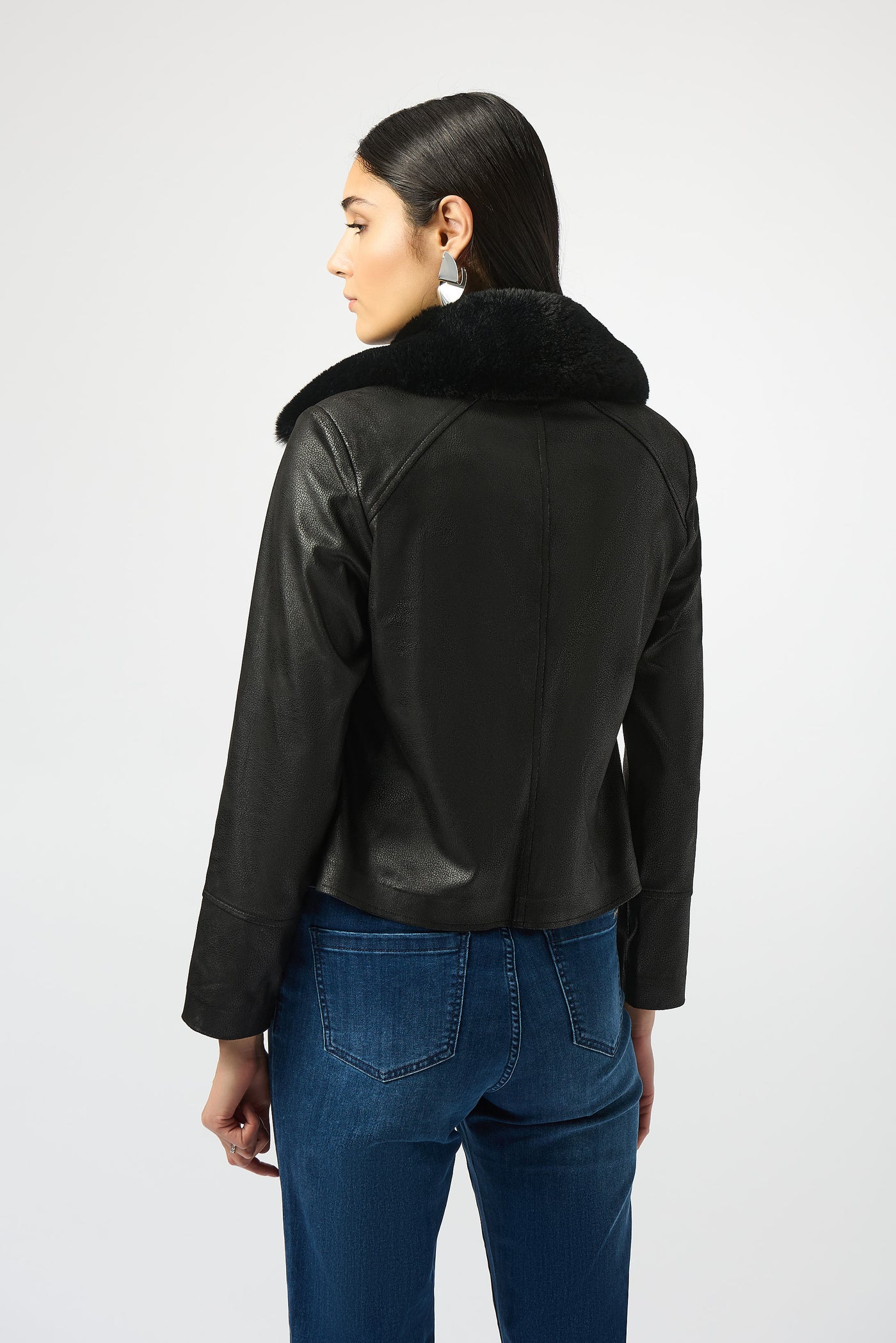 Joseph Ribkoff Black Foiled Suede Swing Jacket with Faux Fur Collar