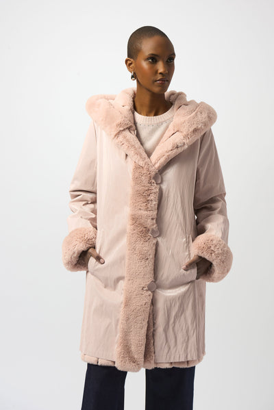 Joseph Ribkoff Rosé Faux Fur Reversible Hooded Coat