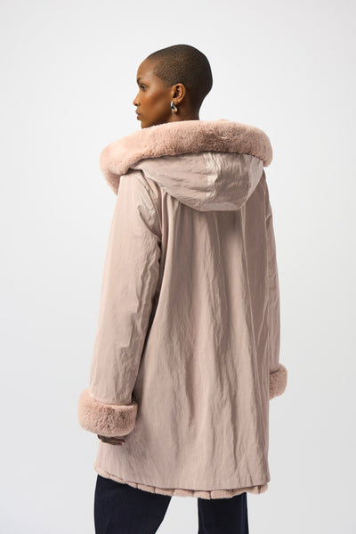 Joseph Ribkoff Rosé Faux Fur Reversible Hooded Coat