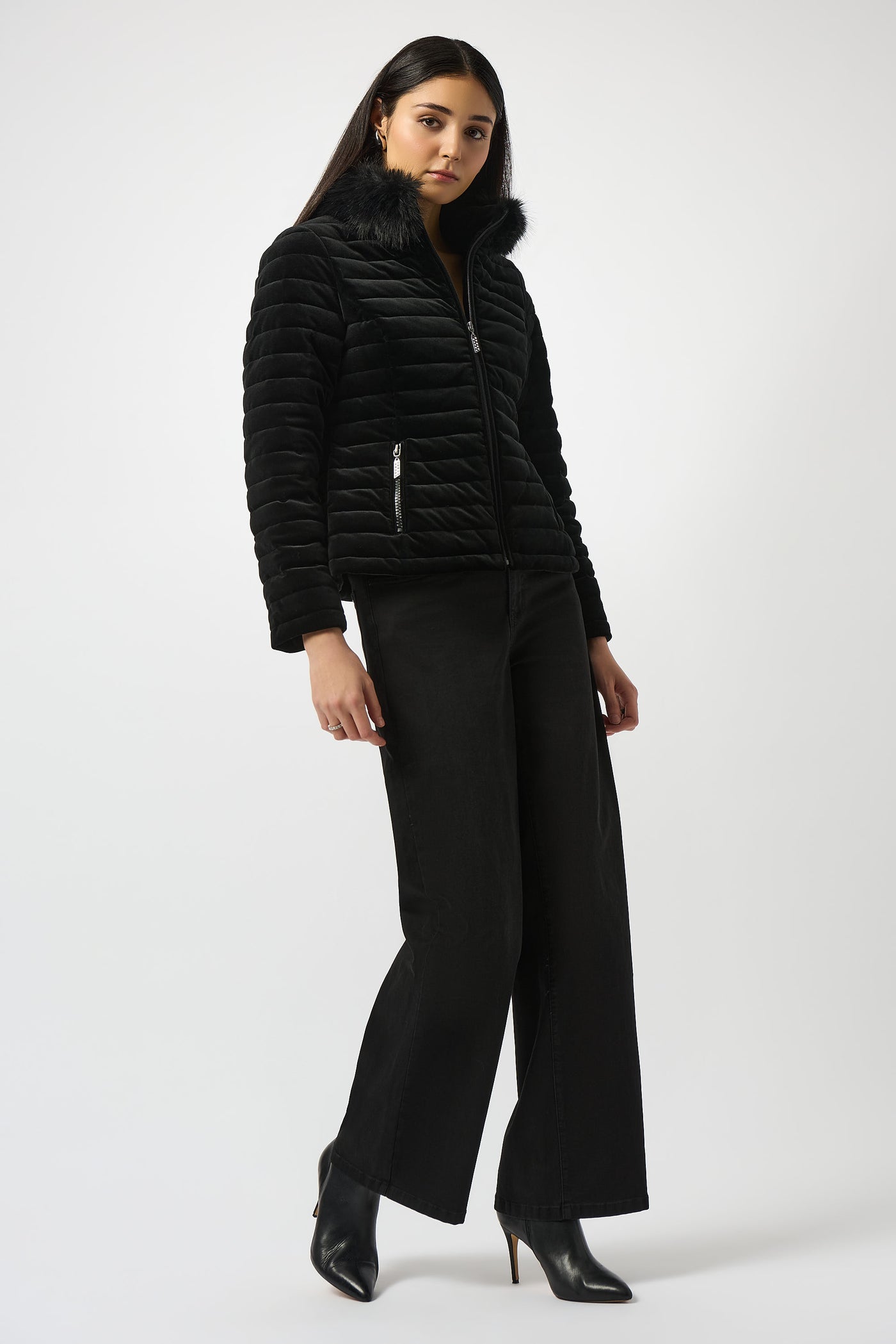 Joseph Ribkoff Stretch Velvet Puffer Jacket with Faux Fur Collar
