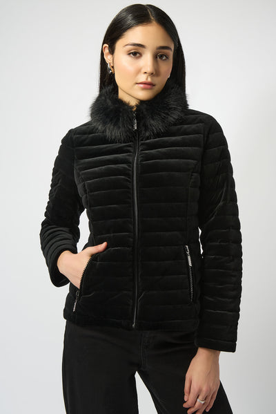 Joseph Ribkoff Stretch Velvet Puffer Jacket with Faux Fur Collar
