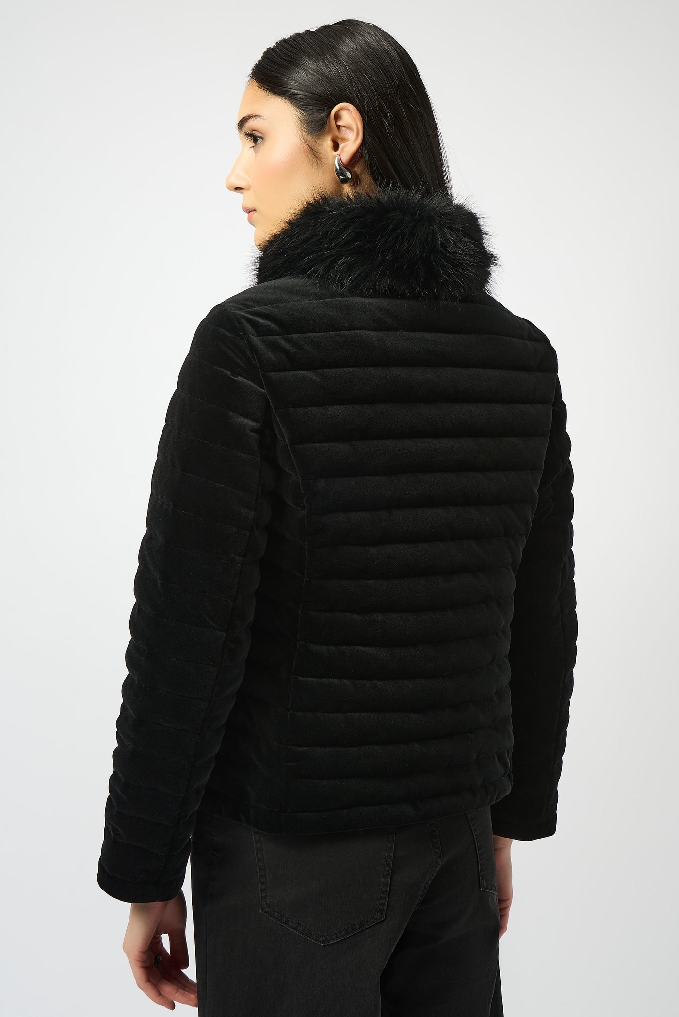 Joseph Ribkoff Stretch Velvet Puffer Jacket with Faux Fur Collar