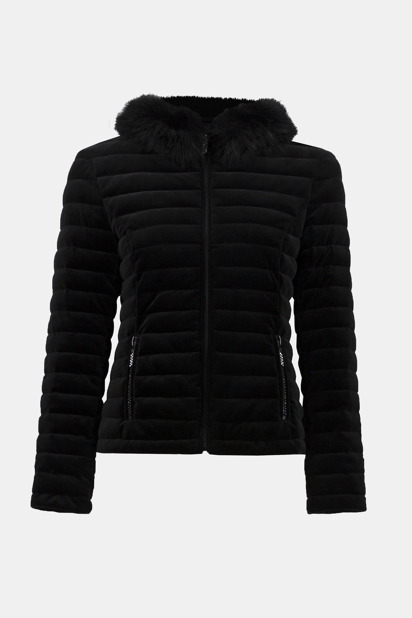 Joseph Ribkoff Stretch Velvet Puffer Jacket with Faux Fur Collar