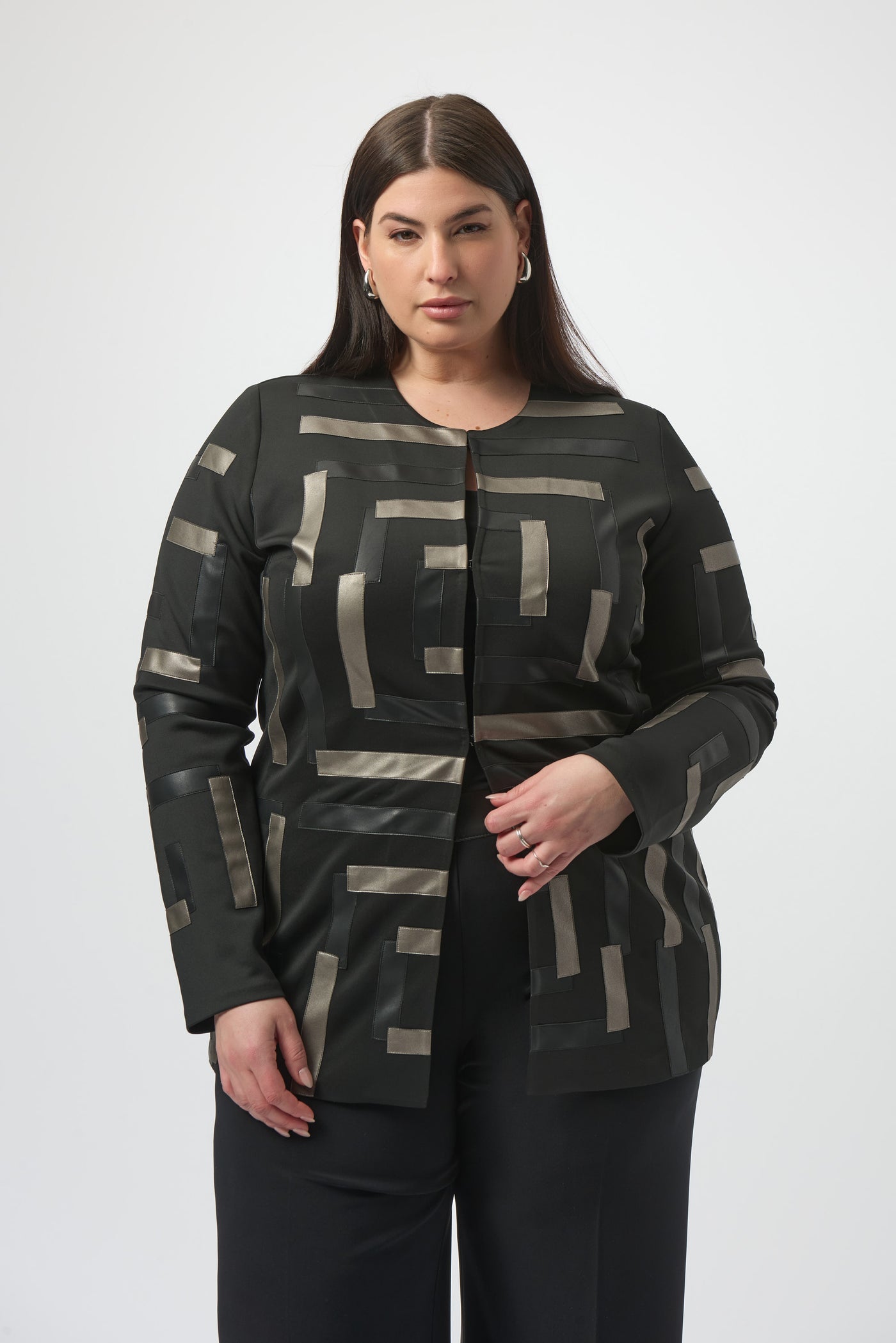 Joseph Ribkoff Scuba & Leatherette Collarless Jacket