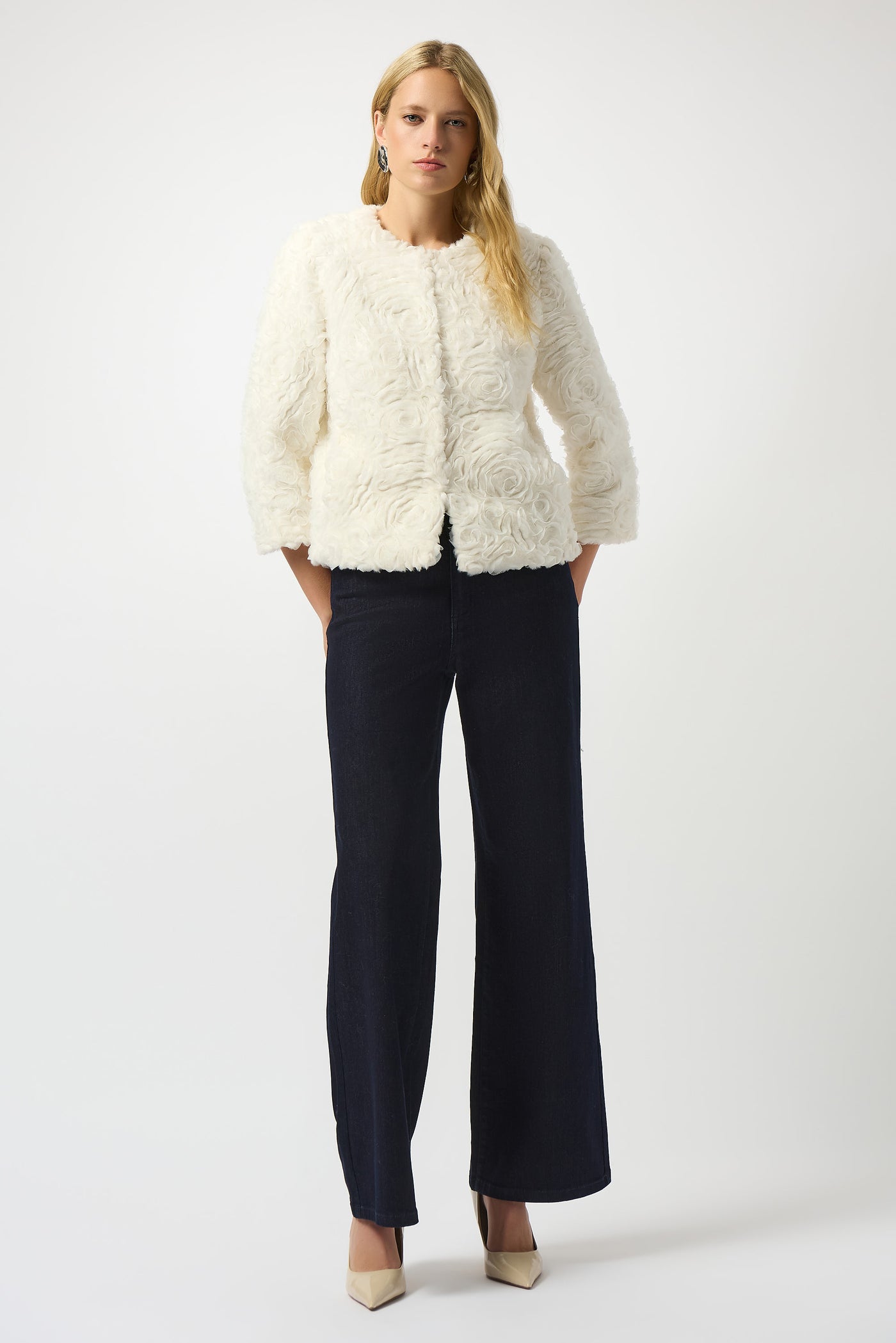 Joseph Ribkoff Embroidered Faux Fur Collarless Jacket