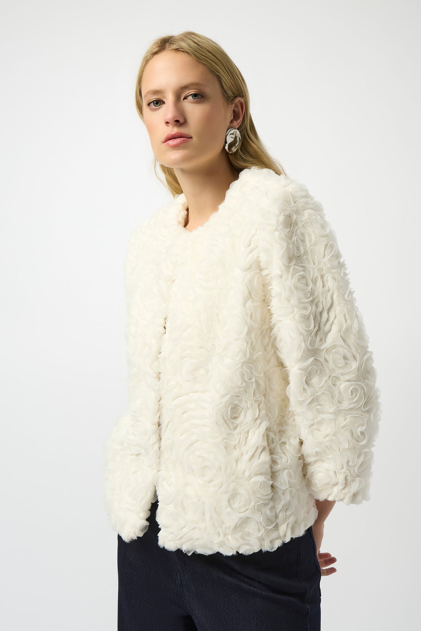 Joseph Ribkoff Embroidered Faux Fur Collarless Jacket