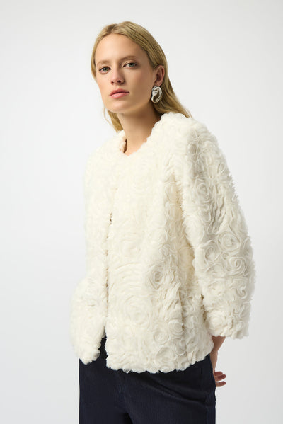 Joseph Ribkoff Embroidered Faux Fur Collarless Jacket