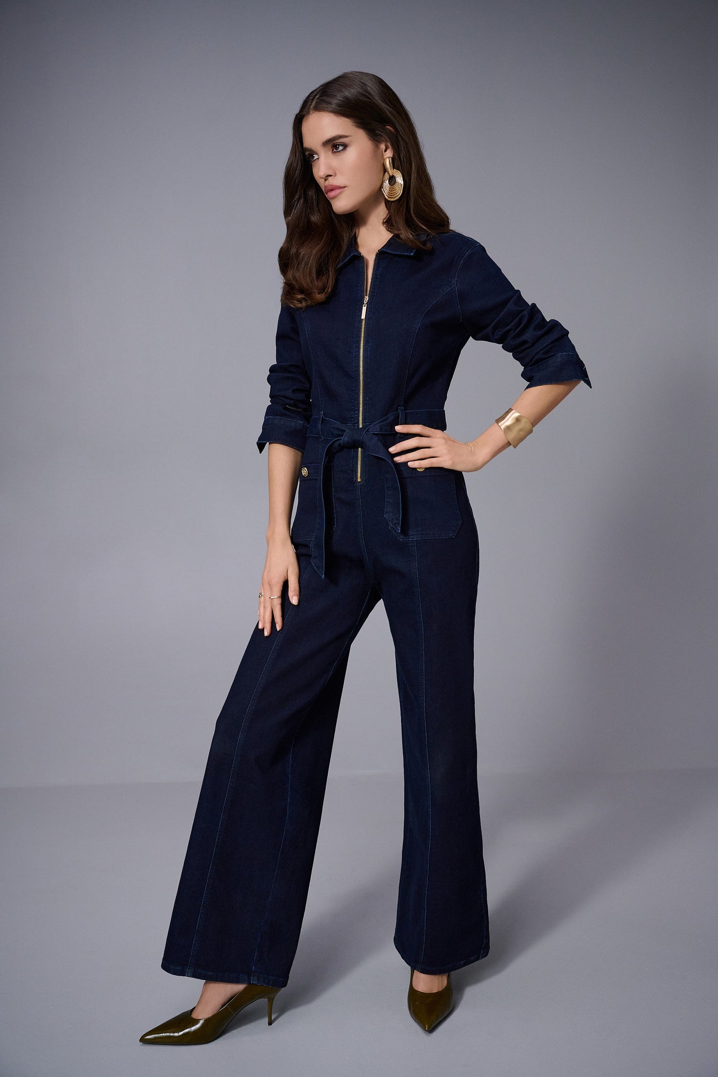 Joseph Ribkoff Stretch Denim Zip Front Wide-Leg Jumpsuit