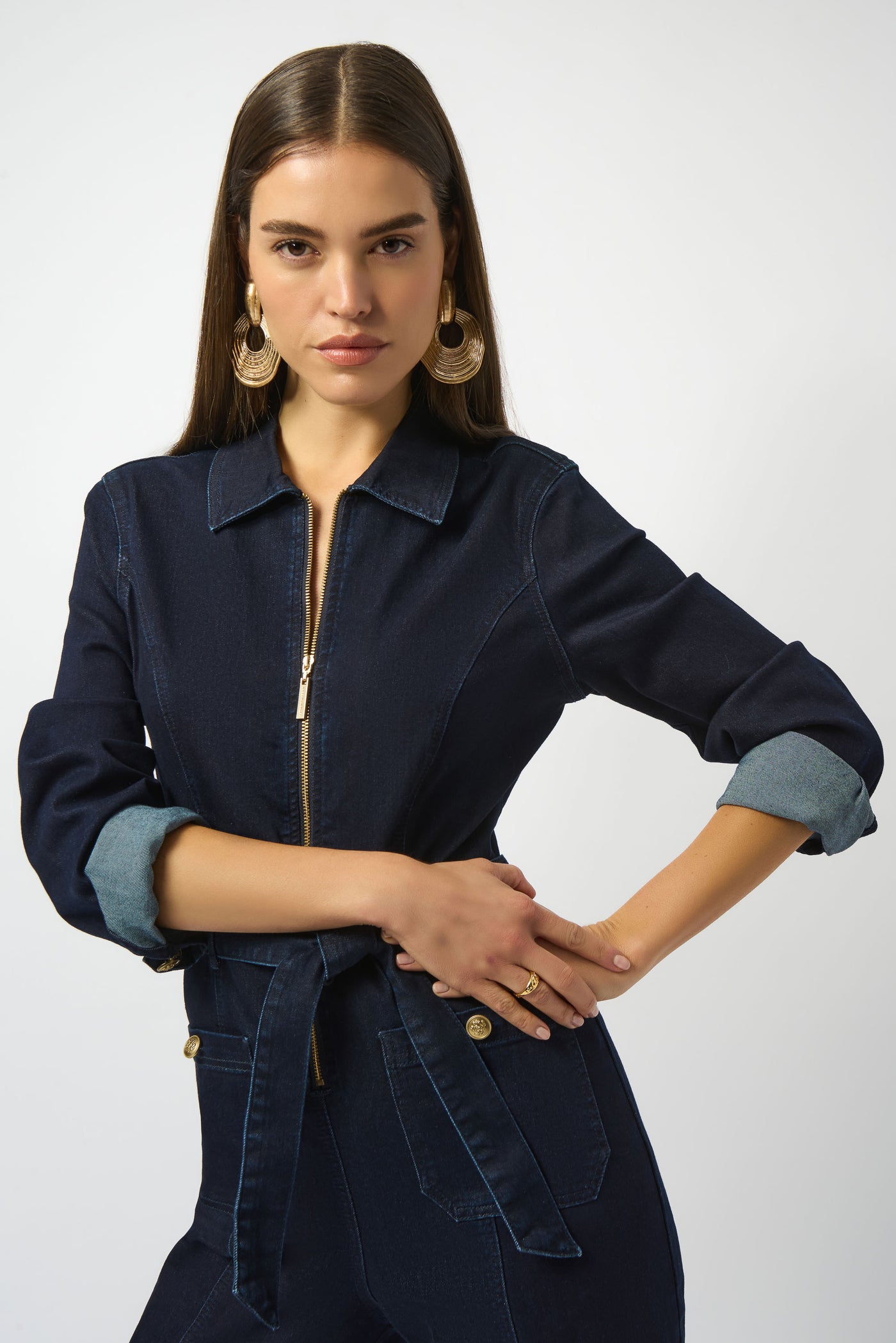 Joseph Ribkoff Stretch Denim Zip Front Wide-Leg Jumpsuit