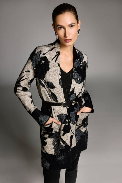 Joseph Ribkoff Abstract Jacquard Sweater Knit Long Cardigan