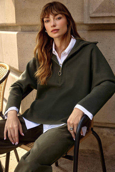 Joseph Ribkoff Avocado Sweater Knit Boxy Pullover With Zipped Collar