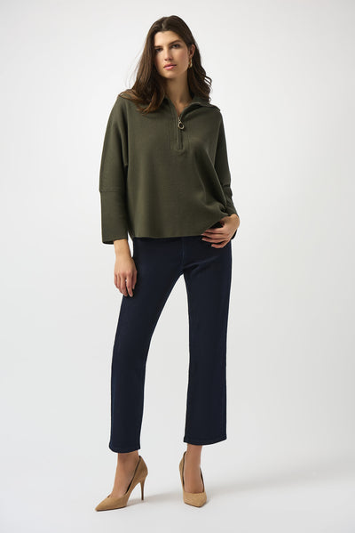 Joseph Ribkoff Avocado Sweater Knit Boxy Pullover With Zipped Collar