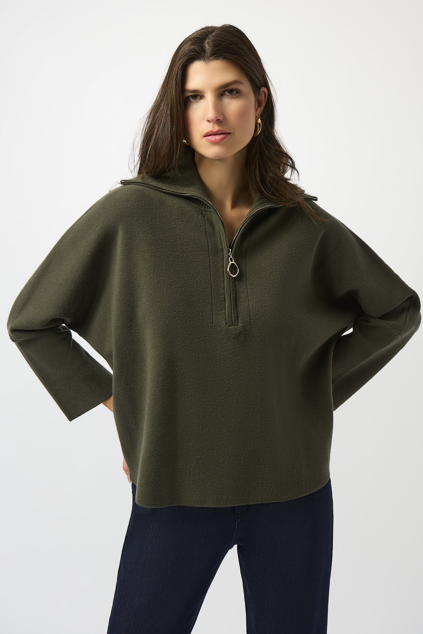Joseph Ribkoff Avocado Sweater Knit Boxy Pullover With Zipped Collar
