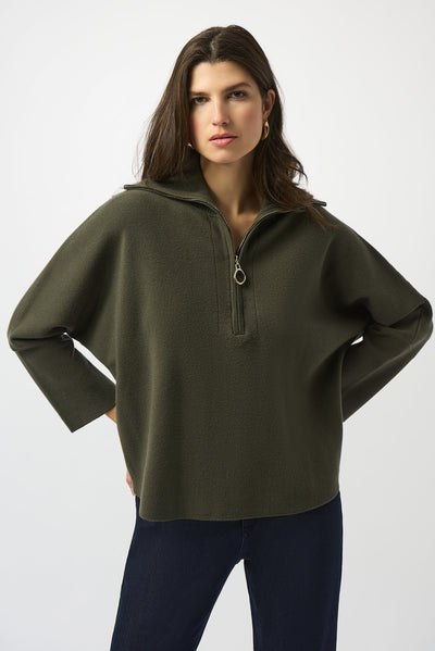 Joseph Ribkoff Avocado Sweater Knit Boxy Pullover With Zipped Collar