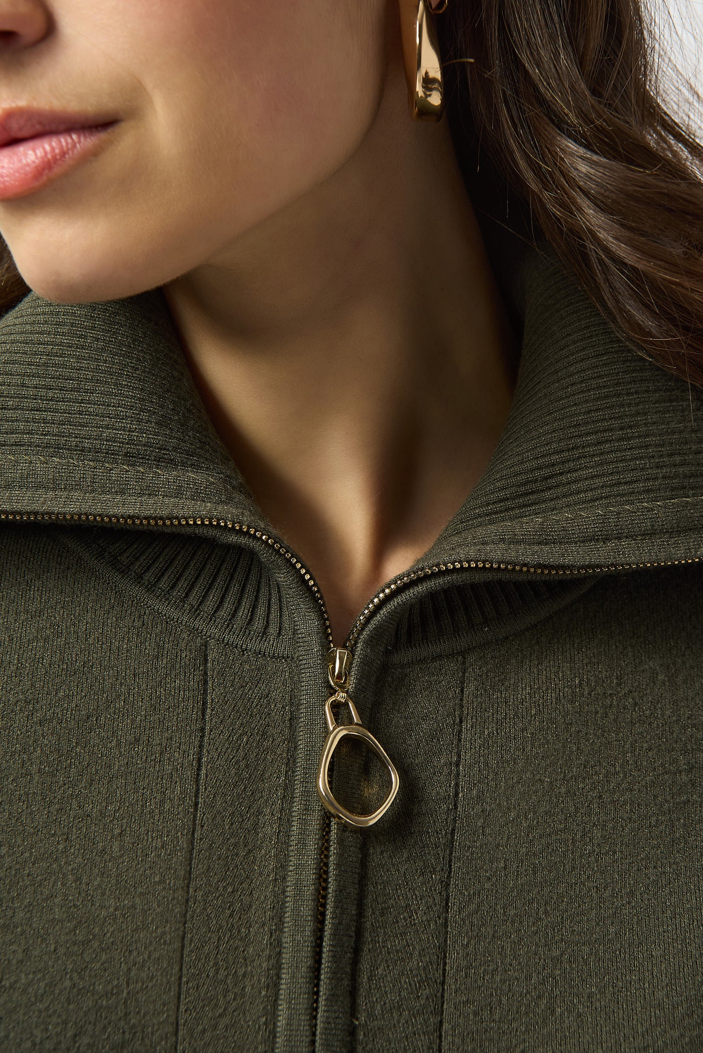 Joseph Ribkoff Avocado Sweater Knit Boxy Pullover With Zipped Collar