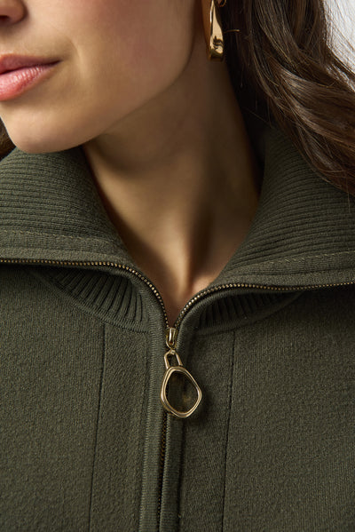 Joseph Ribkoff Avocado Sweater Knit Boxy Pullover With Zipped Collar