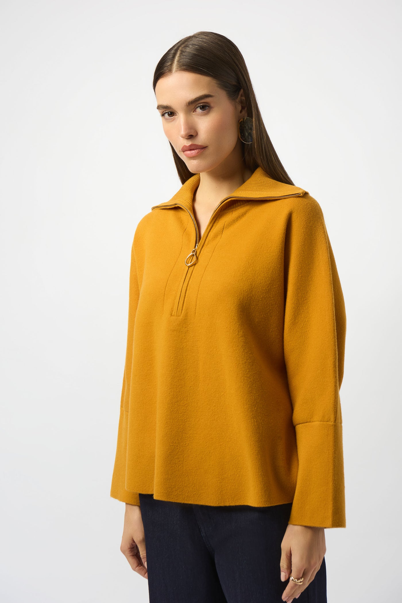 Joseph Ribkoff Medallion Sweater Knit Boxy Pullover With Zipped Collar