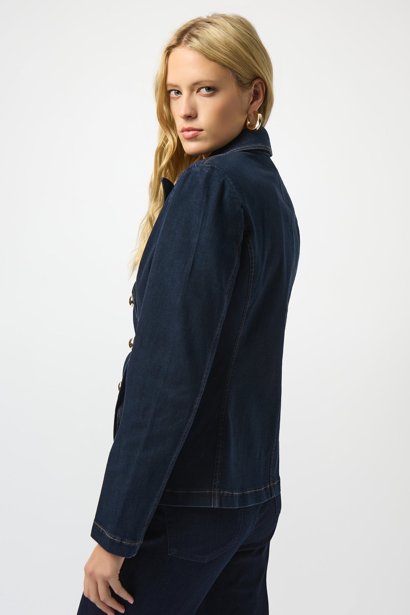 Joseph Ribkoff Stretch Denim Fitted Blazer with Gold Buttons