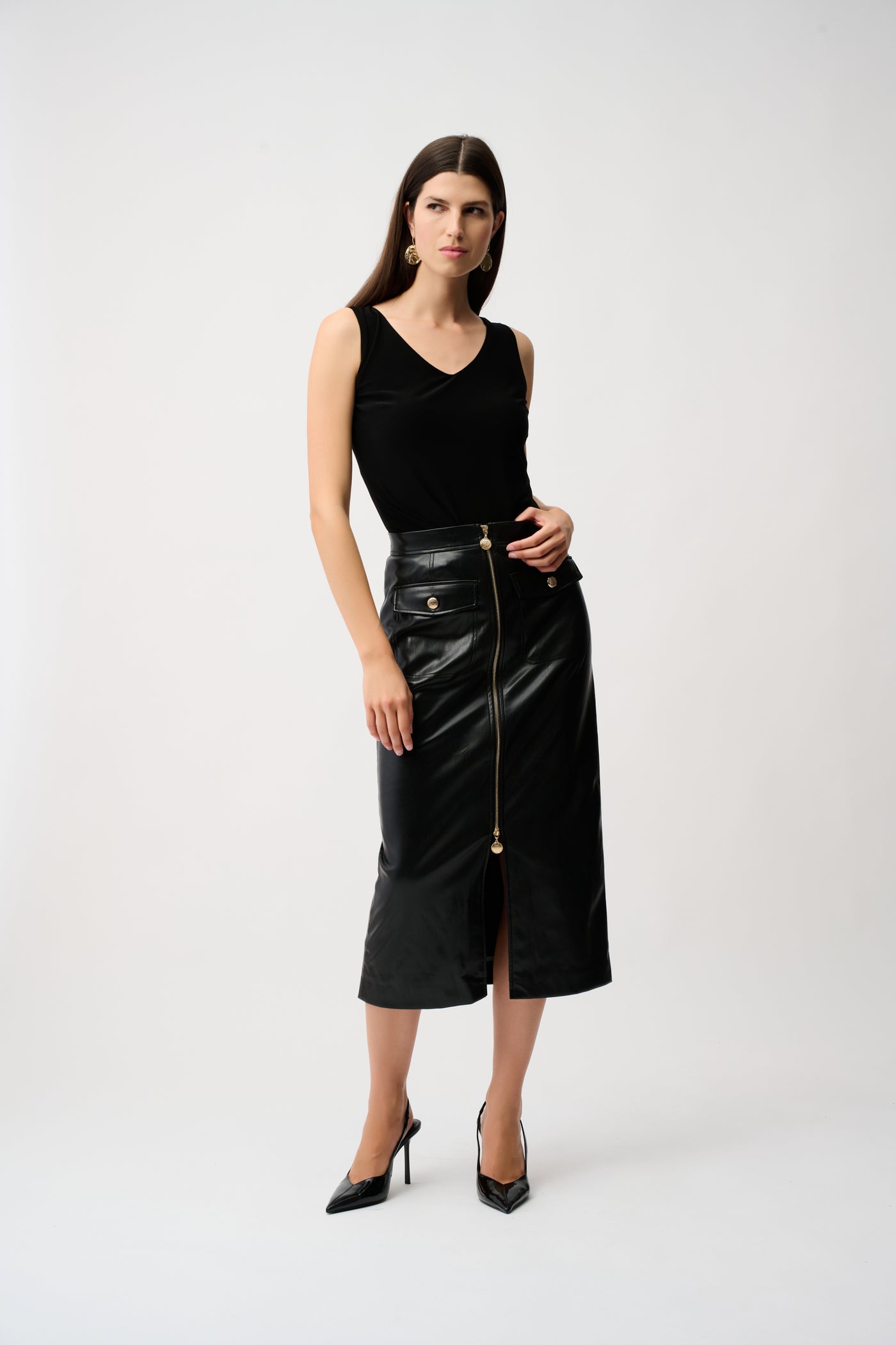 Joseph Ribkoff Black Leatherette Long Pencil Skirt