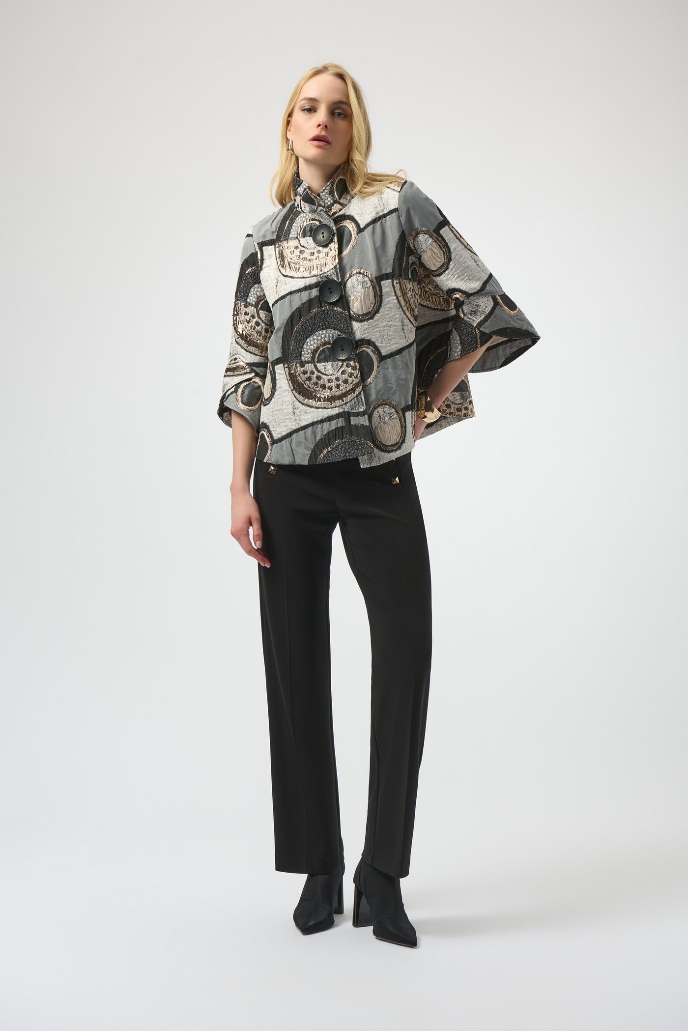 Joseph Ribkoff Black/Multi Abstract Jacquard Trapeze Jacket