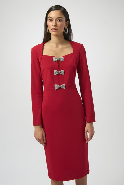Joseph Ribkoff Scuba Crepe Sheath Dress With Rhinestone Bows