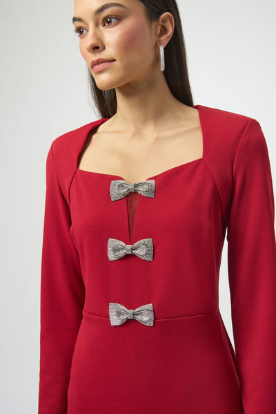 Joseph Ribkoff Scuba Crepe Sheath Dress With Rhinestone Bows