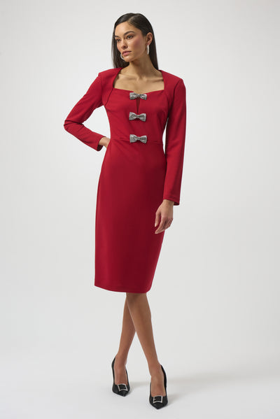 Joseph Ribkoff Scuba Crepe Sheath Dress With Rhinestone Bows