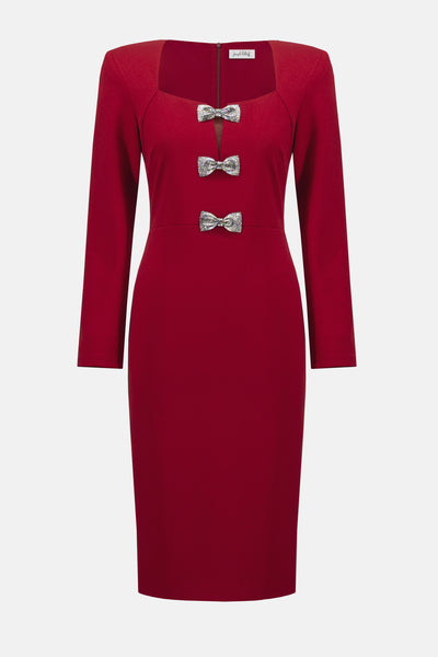 Joseph Ribkoff Scuba Crepe Sheath Dress With Rhinestone Bows