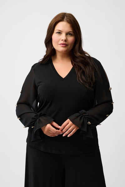 Joseph Ribkoff Black Moss Crepe and Chiffon Fitted Top