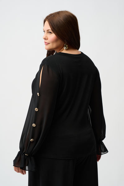 Joseph Ribkoff Black Moss Crepe and Chiffon Fitted Top