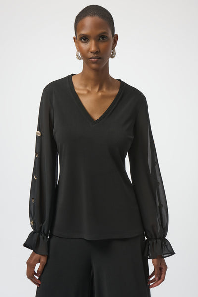 Joseph Ribkoff Black Moss Crepe and Chiffon Fitted Top