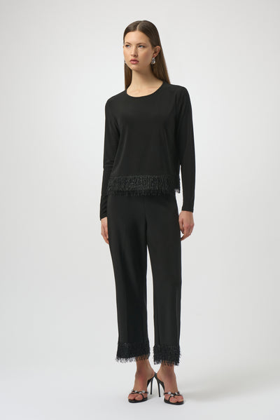 Joseph Ribkoff Black Silky Knit Top with Novelty Fringe Hem
