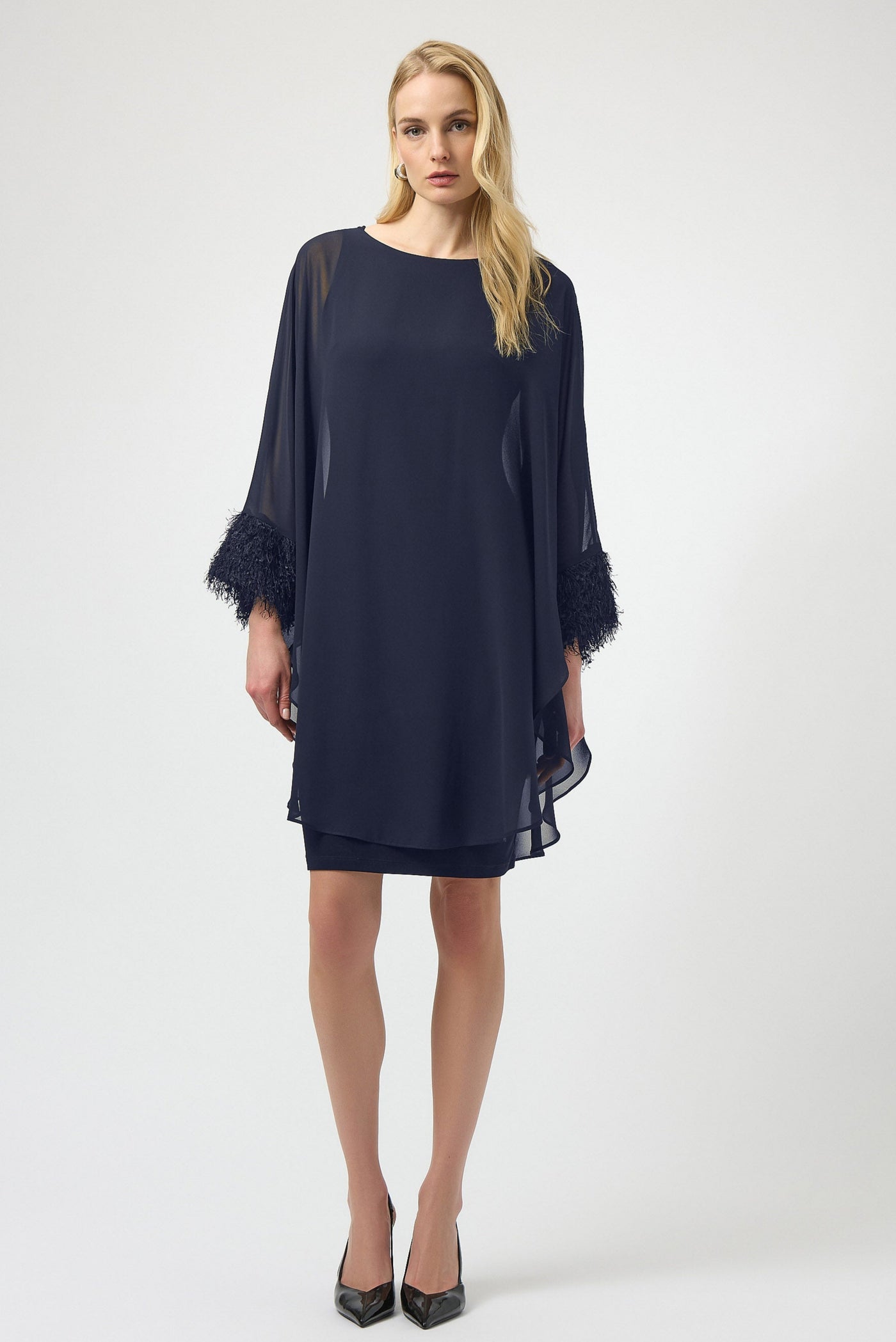 Joseph Ribkoff Midnight Blue Silky Knit & Chiffon Layered Dress with Fringe Detail