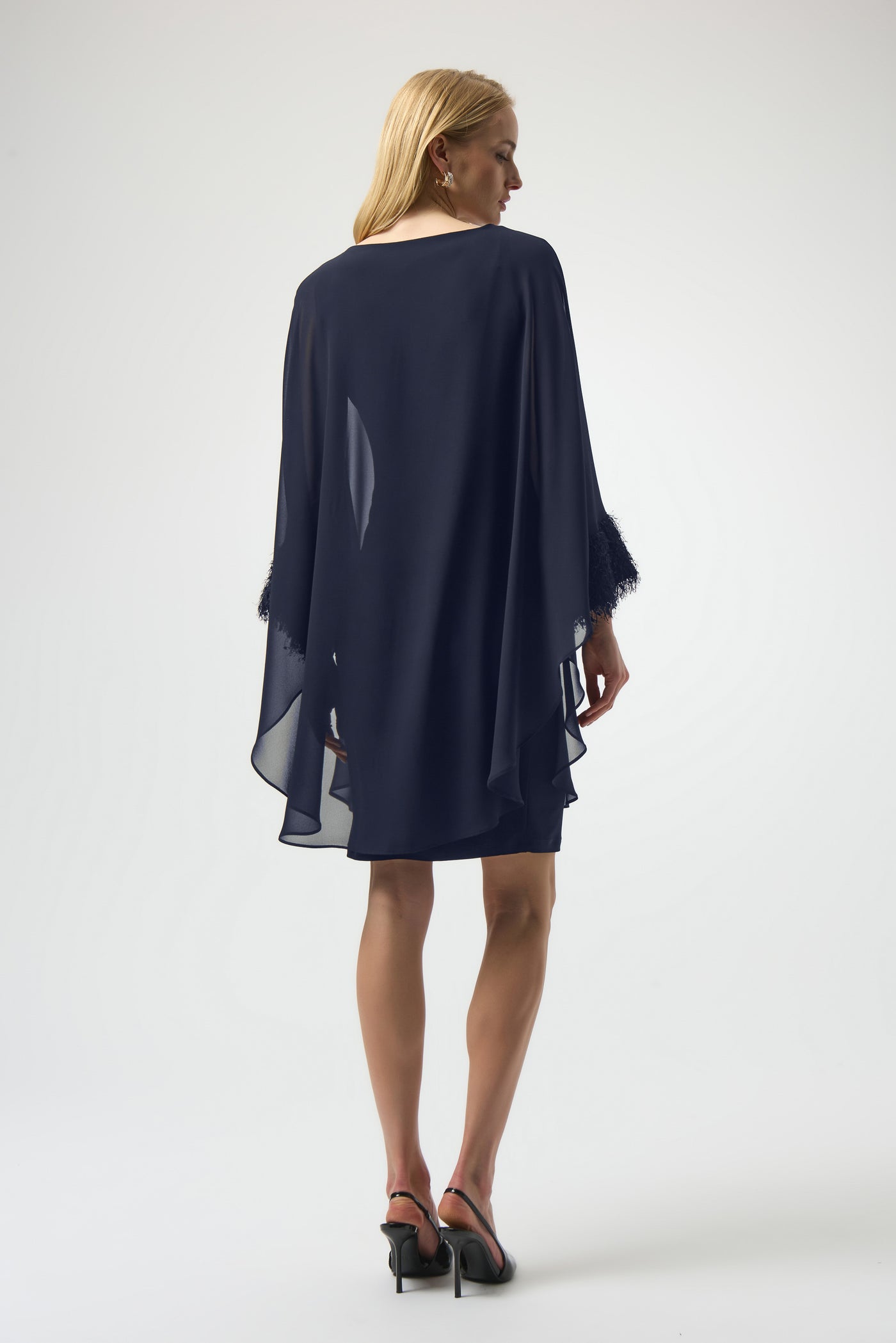 Joseph Ribkoff Midnight Blue Silky Knit & Chiffon Layered Dress with Fringe Detail