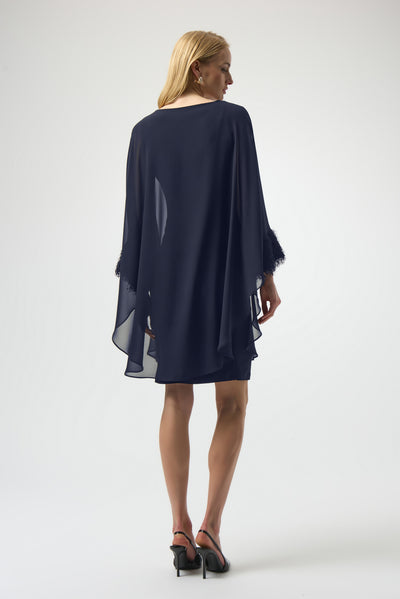 Joseph Ribkoff Midnight Blue Silky Knit & Chiffon Layered Dress with Fringe Detail