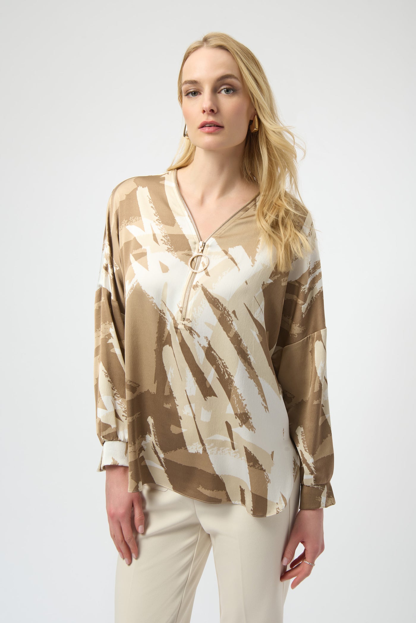 Joseph Ribkoff Recycled Satin Abstract Print Tunic With Zipper Detail