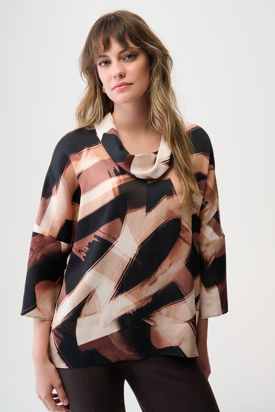 Joseph Ribkoff Satin Abstract Print Boxy Tunic with Cowl Collar