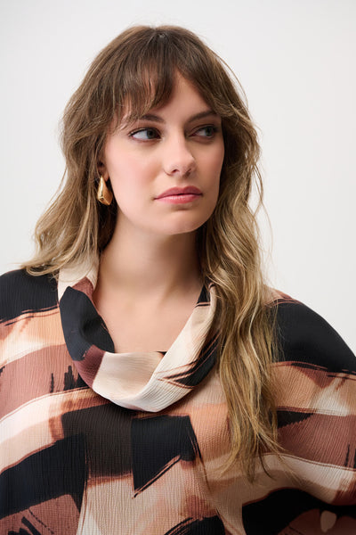Joseph Ribkoff Satin Abstract Print Boxy Tunic with Cowl Collar