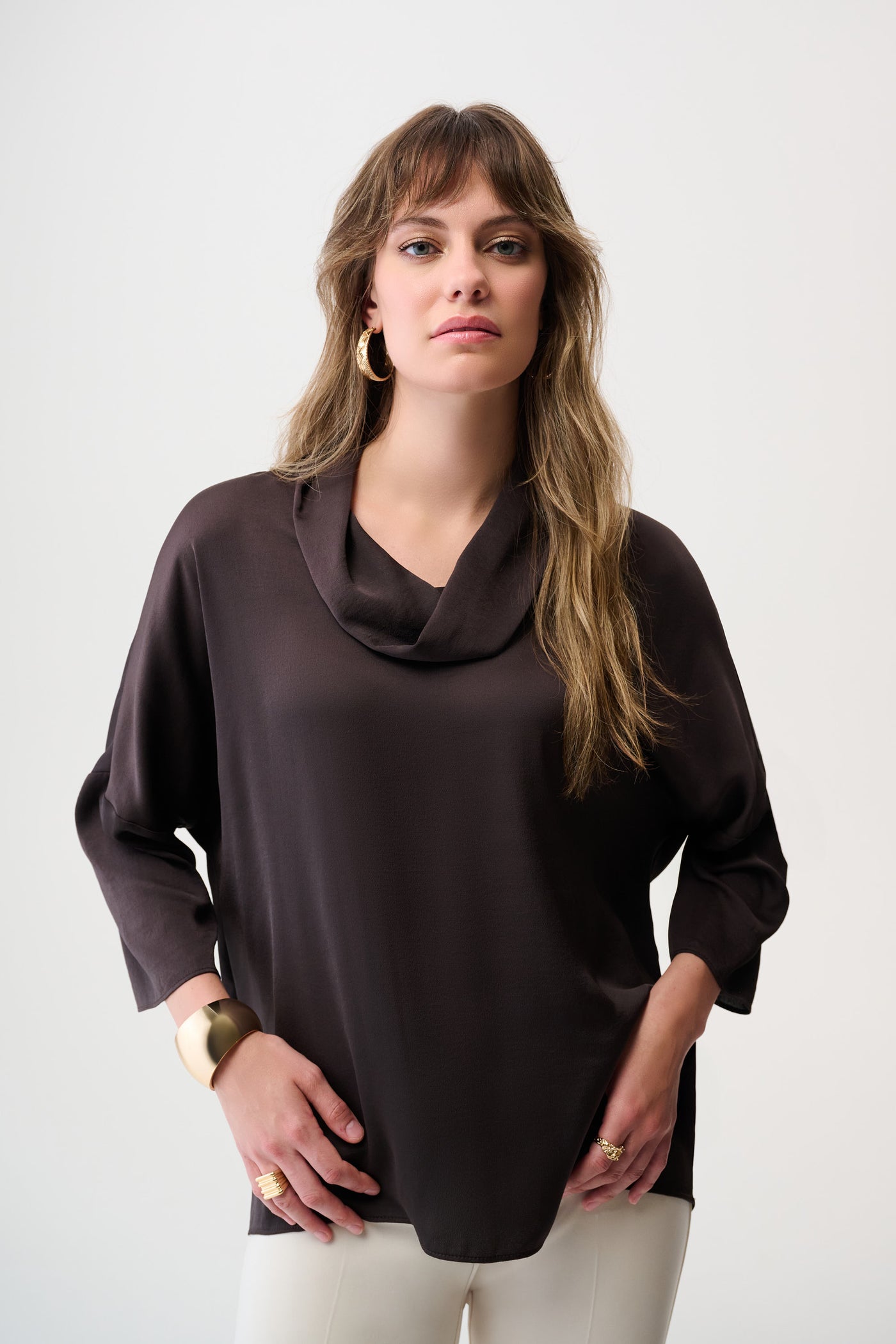 Joseph Ribkoff Mocha Recycled Satin Boxy Tunic with Cowl Collar