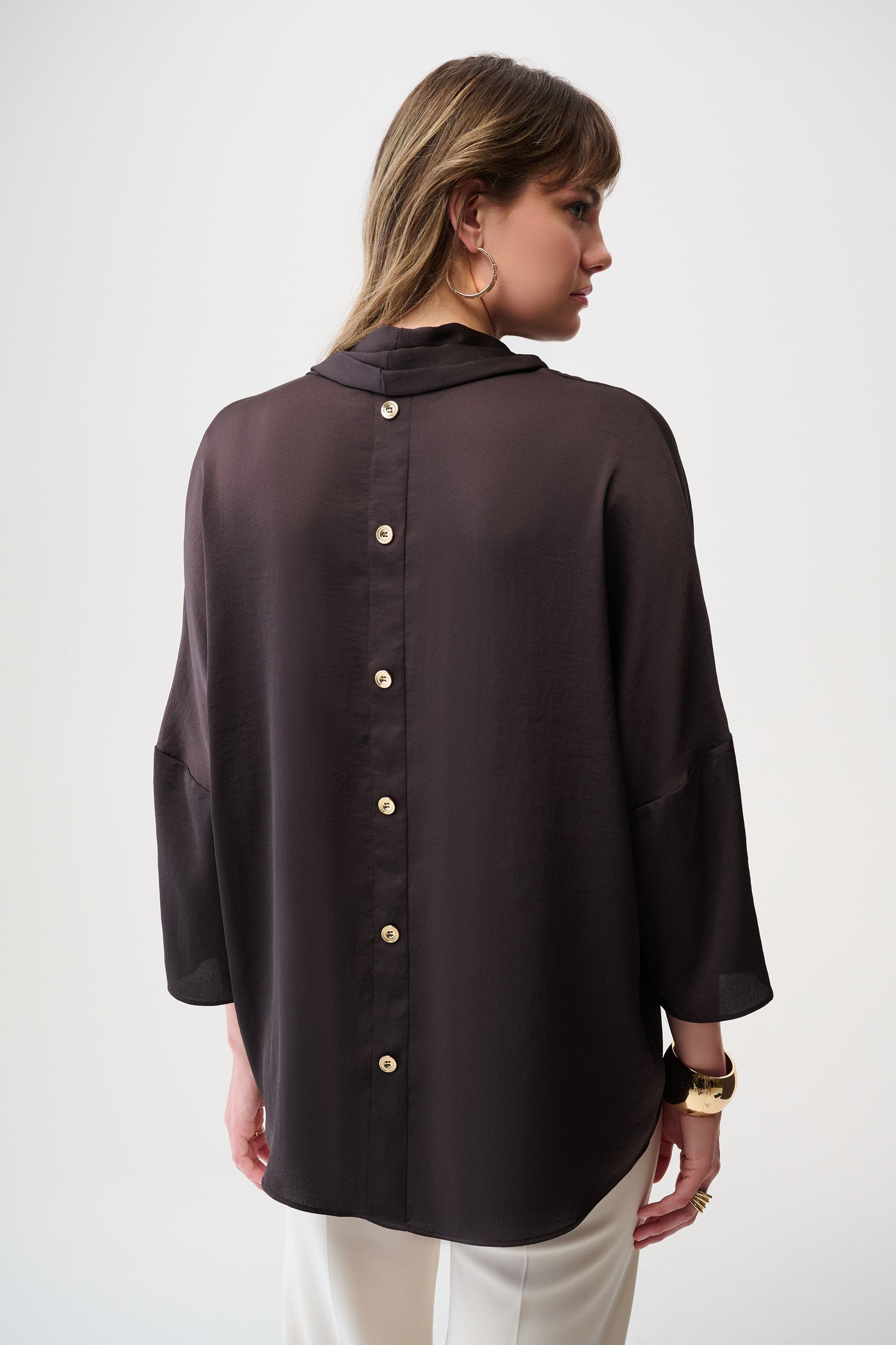 Joseph Ribkoff Mocha Recycled Satin Boxy Tunic with Cowl Collar