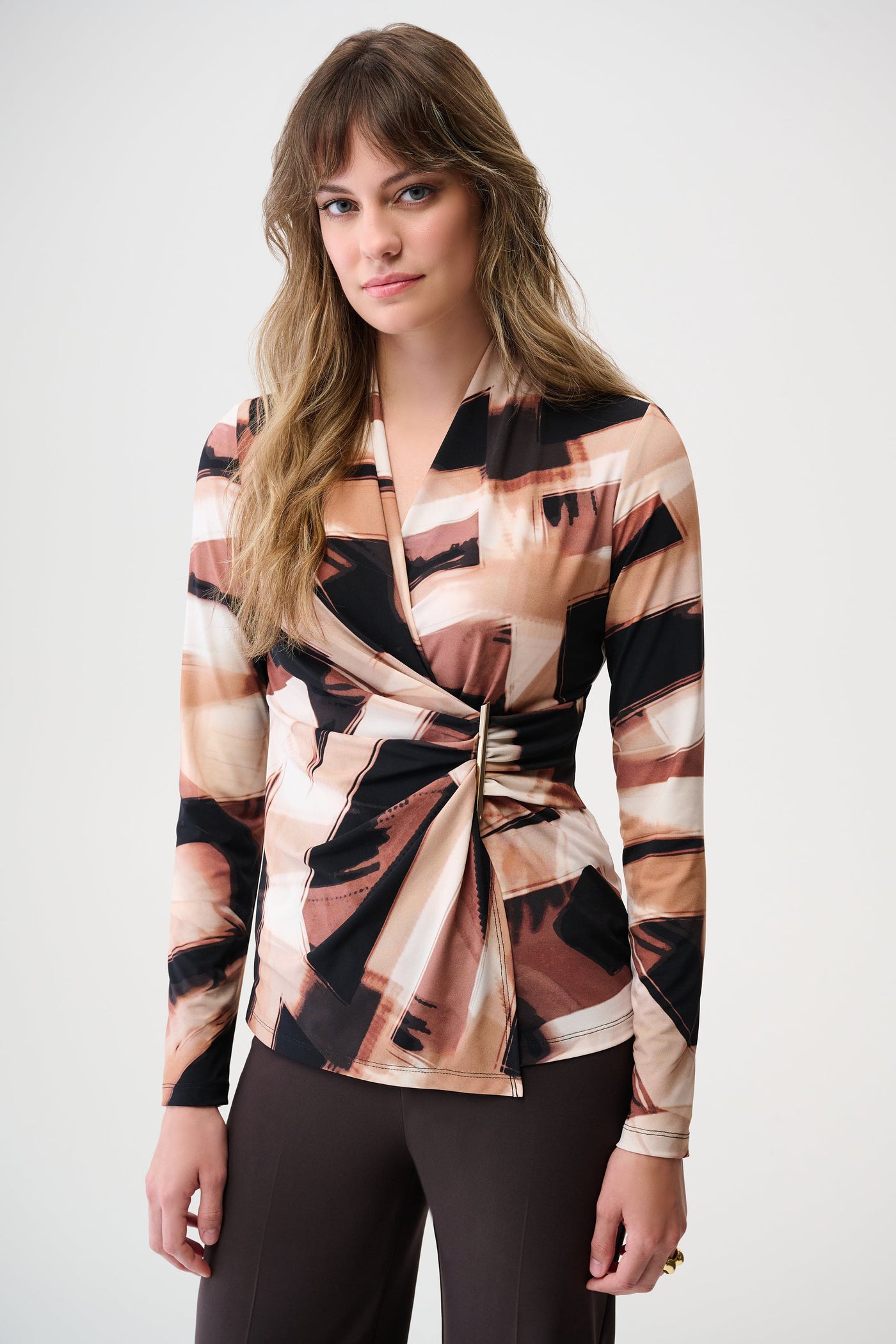 Joseph Ribkoff Black/Brown Silky Knit Abstract Print Fitted Wrap Top