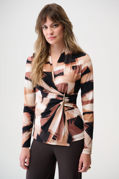 Joseph Ribkoff Black/Brown Silky Knit Abstract Print Fitted Wrap Top
