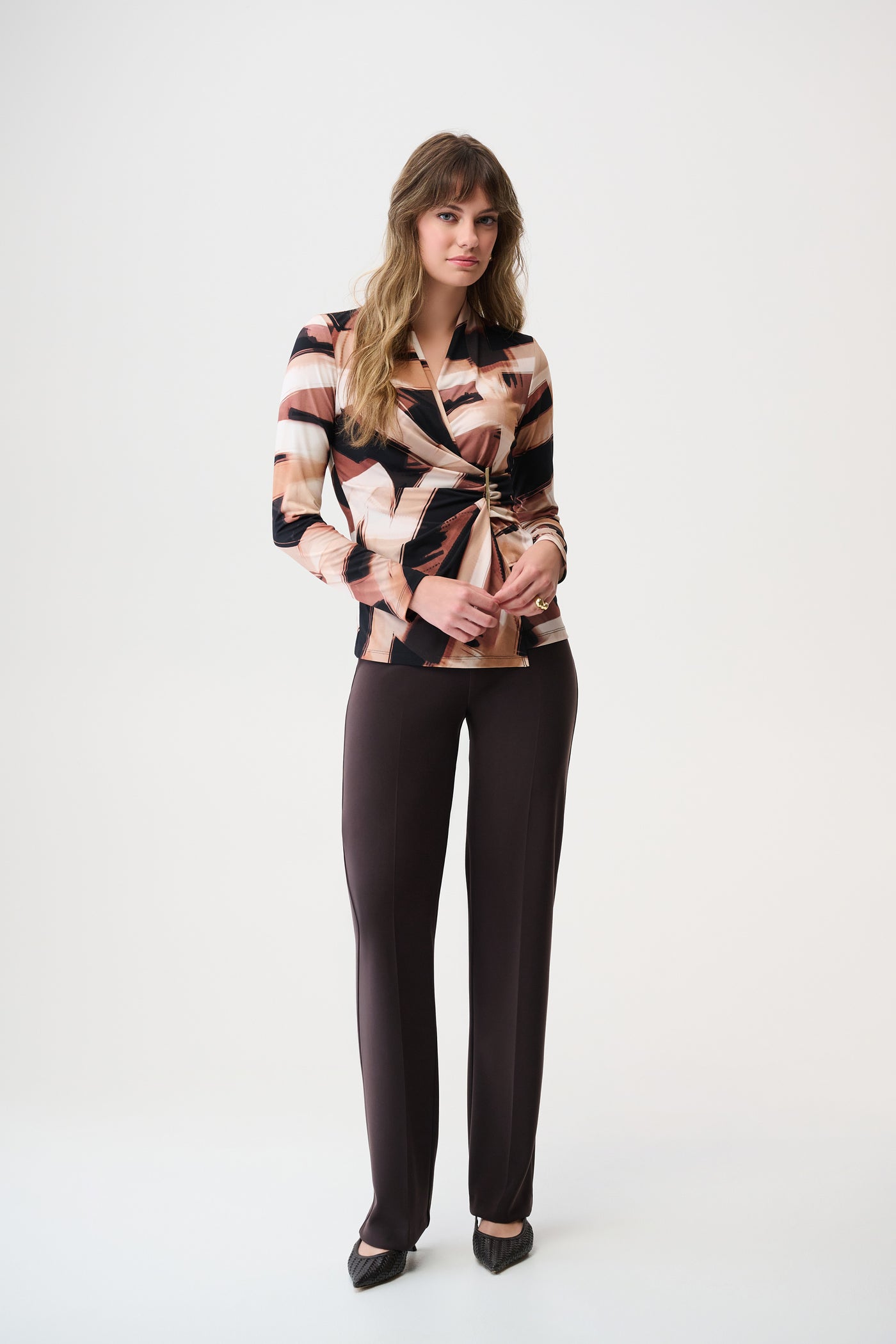 Joseph Ribkoff Black/Brown Silky Knit Abstract Print Fitted Wrap Top