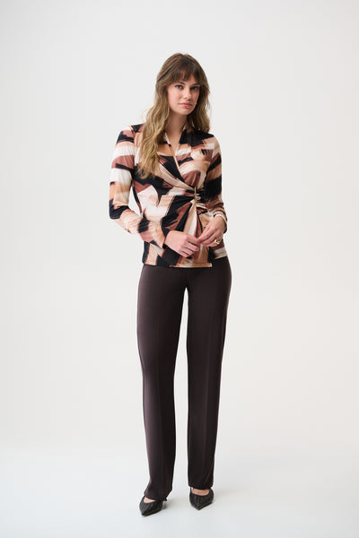 Joseph Ribkoff Black/Brown Silky Knit Abstract Print Fitted Wrap Top