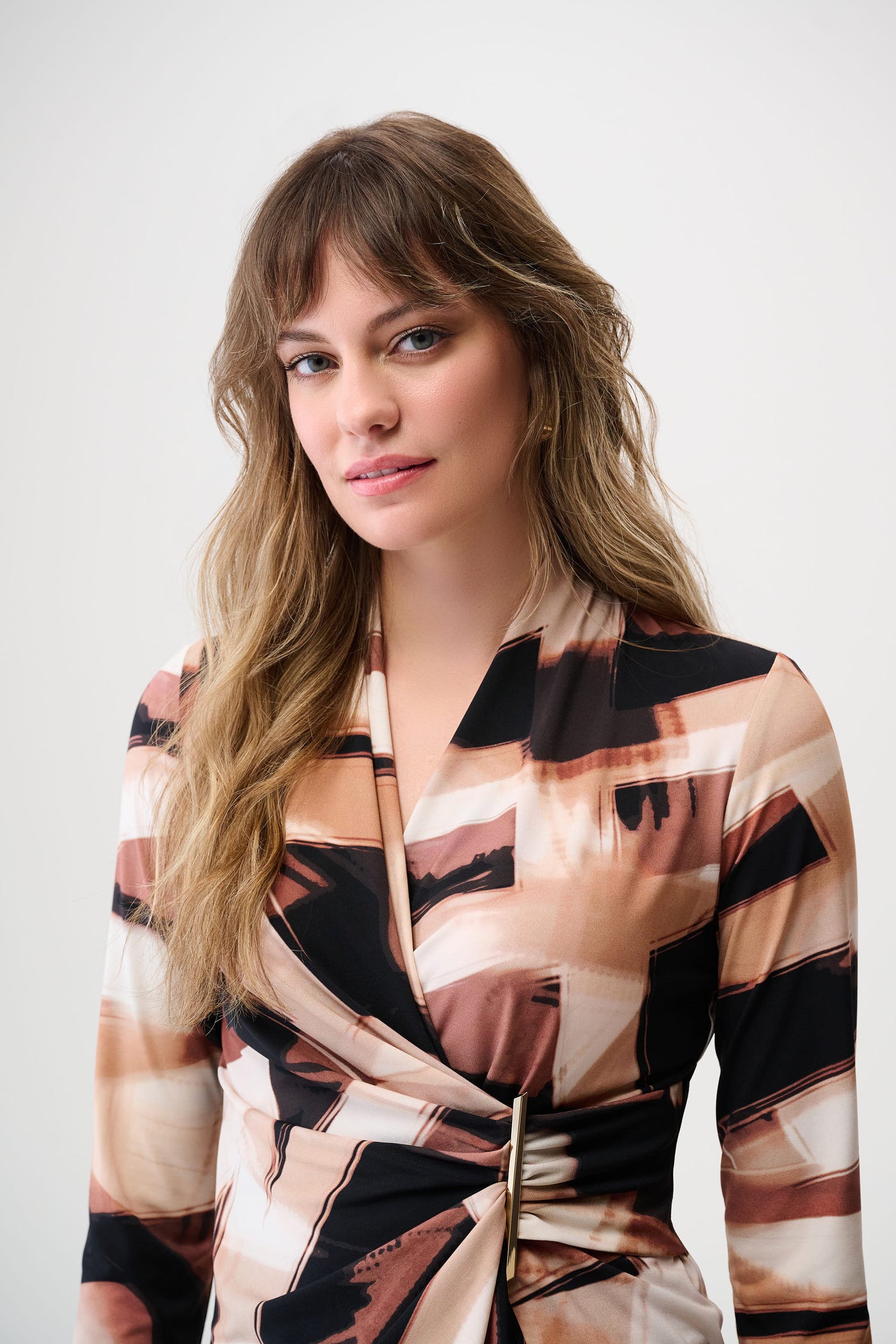 Joseph Ribkoff Black/Brown Silky Knit Abstract Print Fitted Wrap Top