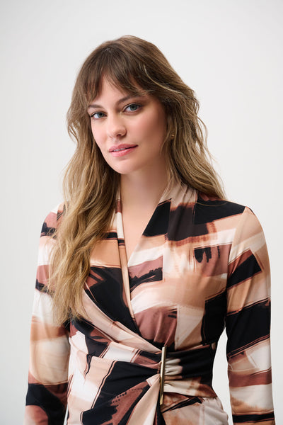 Joseph Ribkoff Black/Brown Silky Knit Abstract Print Fitted Wrap Top