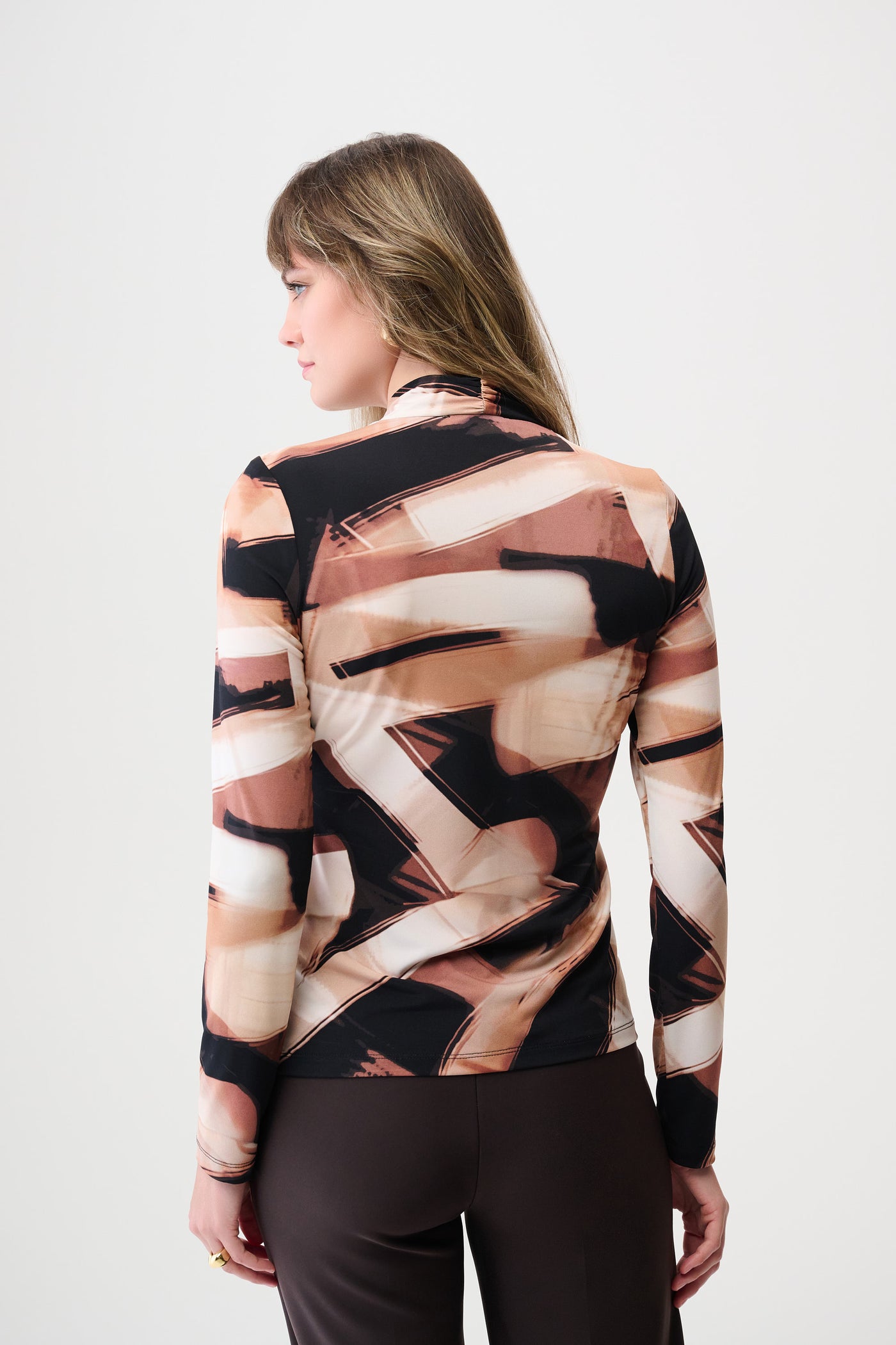 Joseph Ribkoff Black/Brown Silky Knit Abstract Print Fitted Wrap Top