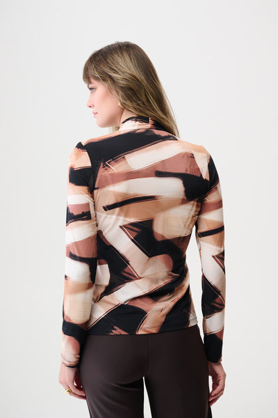 Joseph Ribkoff Black/Brown Silky Knit Abstract Print Fitted Wrap Top
